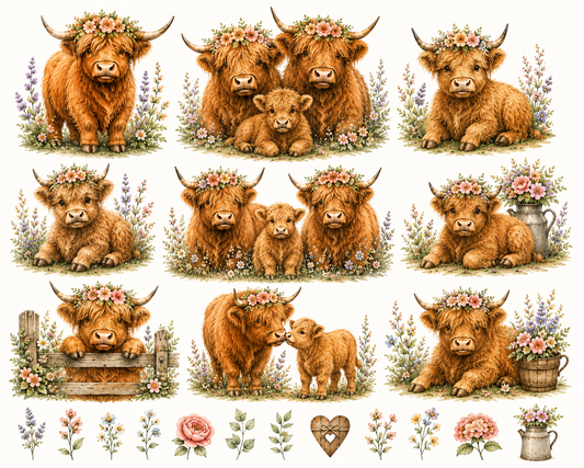 CoolinkoLtd Watercolor Highland Cow Family PNG Clipart Set – Cute Farm Animal Digital Download