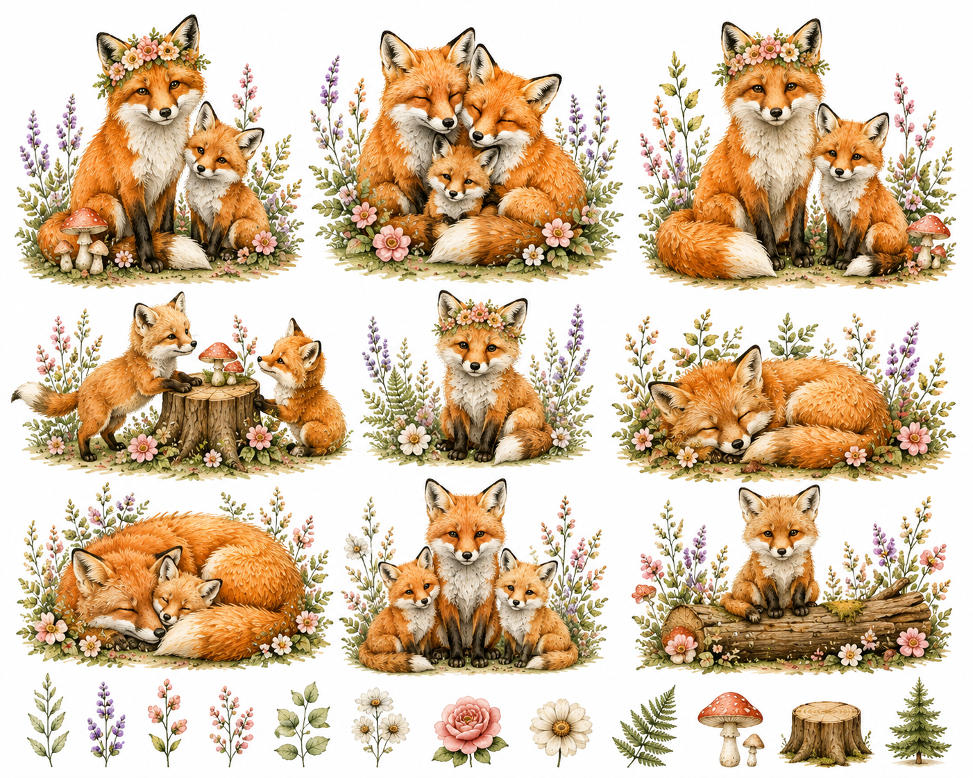 CoolinkoLtd  Watercolor Woodland Fox Family PNG Clipart Set – Cute Forest Animal Digital Download