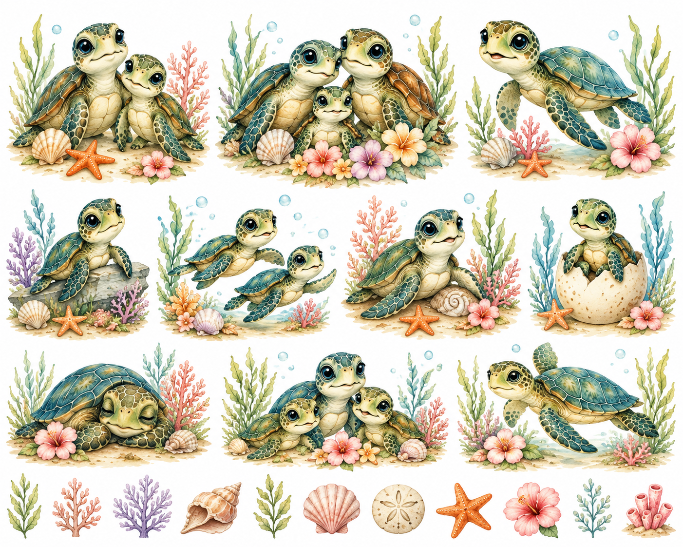 CoolinkoLtd Watercolor Baby Sea Turtle Family PNG Clipart Set – Coastal Ocean Animal Digital Download