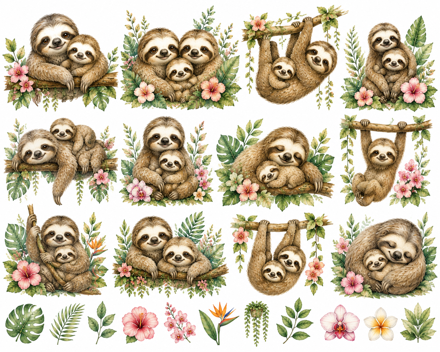 CoolinkoLtd Watercolor Baby Sloth Family PNG Clipart Set – Cute Jungle Animal Digital Download