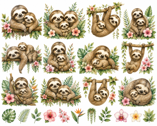 CoolinkoLtd Watercolor Baby Sloth Family PNG Clipart Set – Cute Jungle Animal Digital Download