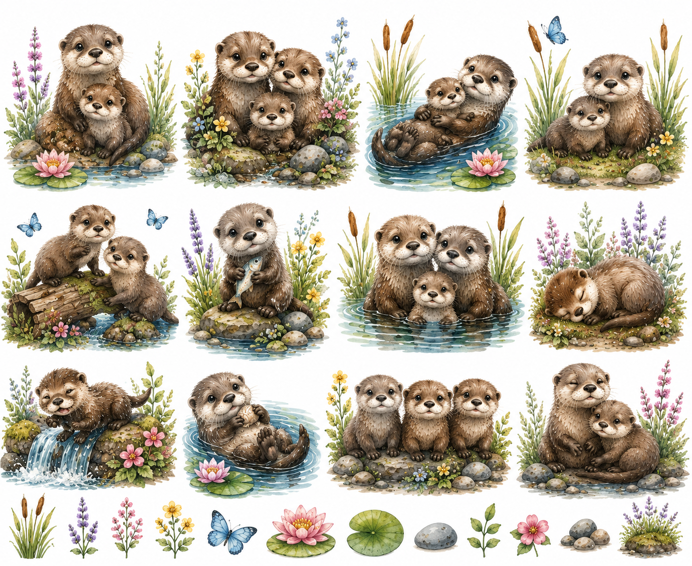 CoolinkoLtd Watercolor Baby Otter Family PNG Clipart Set – Cute River Animal Digital Download