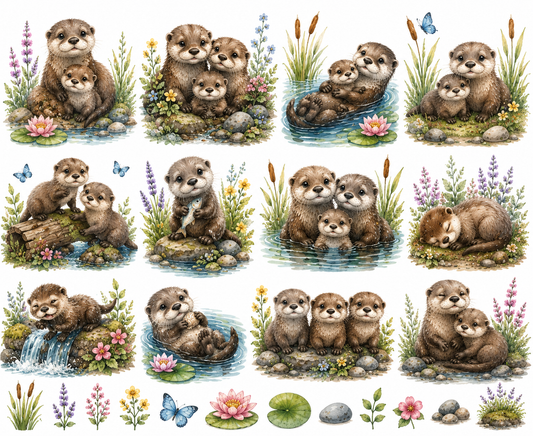 CoolinkoLtd Watercolor Baby Otter Family PNG Clipart Set – Cute River Animal Digital Download