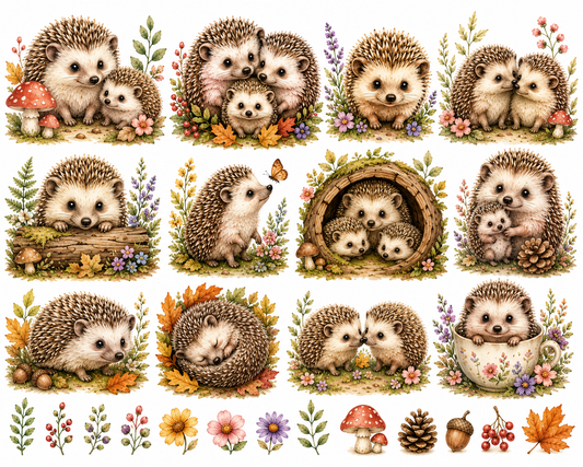 CoolinkoLtd Watercolor Baby Hedgehog Family PNG Clipart Set – Cute Woodland Animal Digital Download